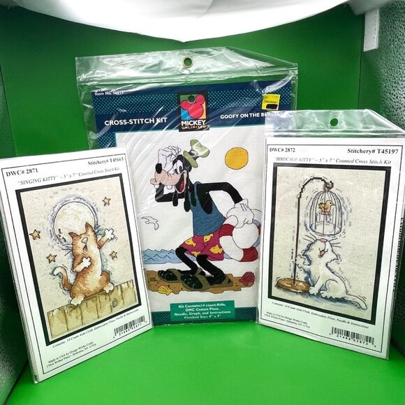 Disney Cross Stitch Kit Bundle NEW Sealed Goofy Cats Embroidery Craft Complete - Picture 1 of 14
